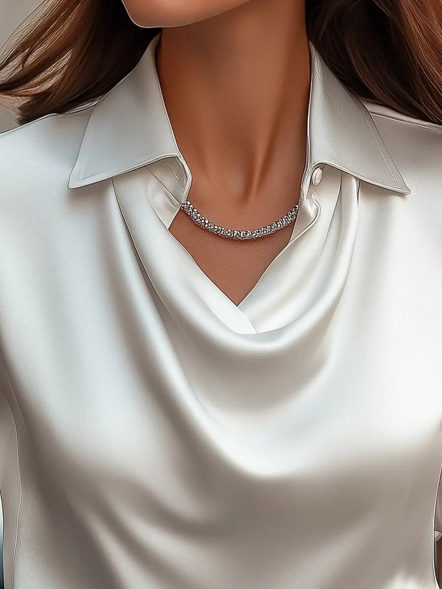 Classic White Satin Draped Neckline - Blouse CAAYWORLD