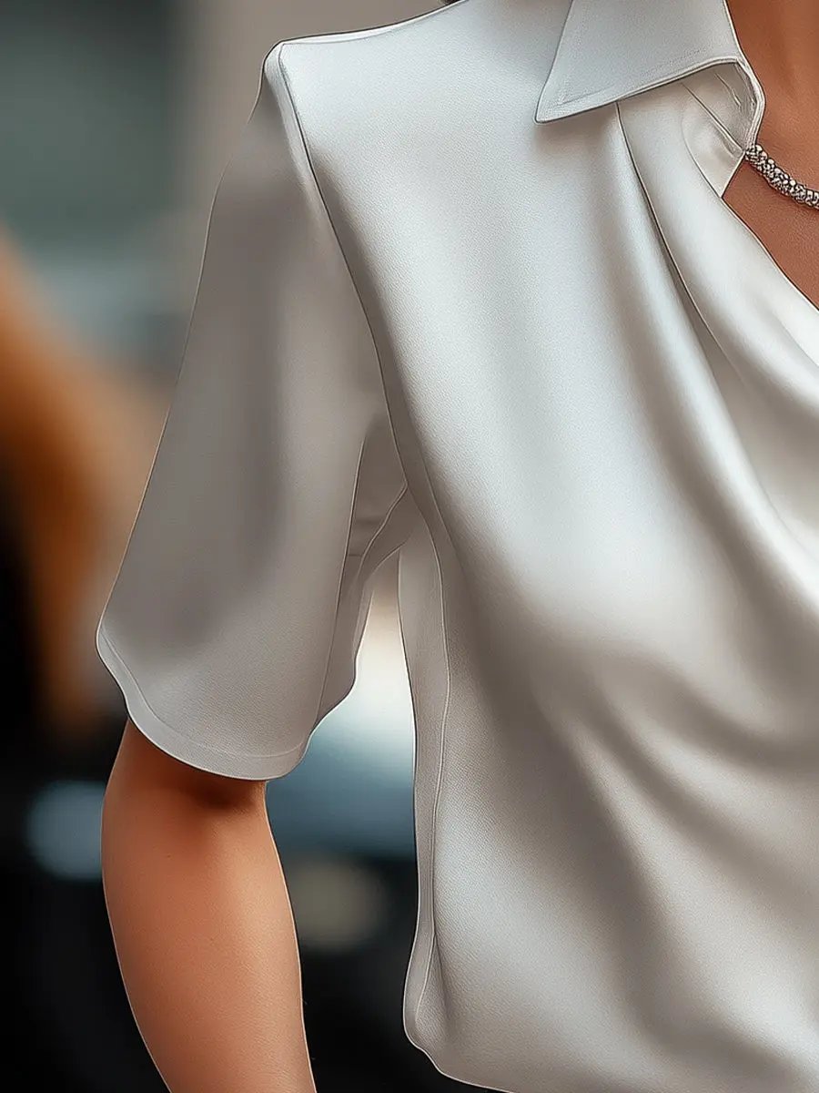 Classic White Satin Draped Neckline - Blouse CAAYWORLD