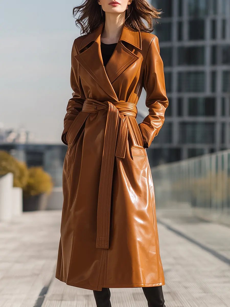 Cognac Faux Leather Belted Longline - Trench Coat CAAYWORLD