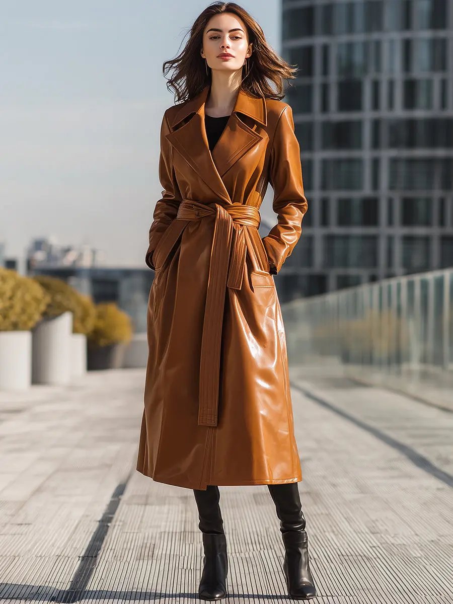 Cognac Faux Leather Belted Longline - Trench Coat CAAYWORLD