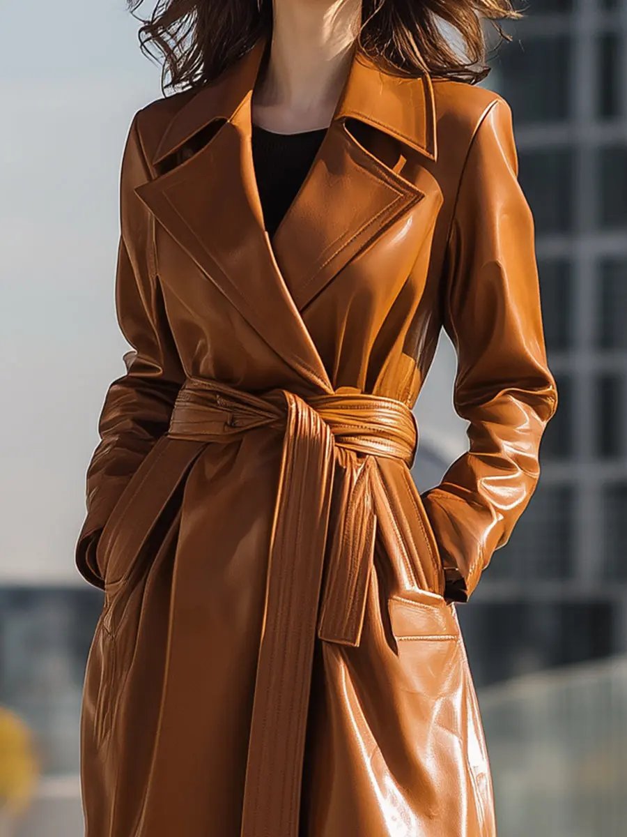Cognac Faux Leather Belted Longline - Trench Coat CAAYWORLD