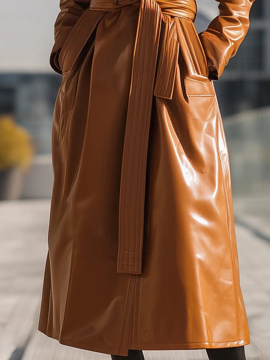 Cognac Faux Leather Belted Longline - Trench Coat CAAYWORLD