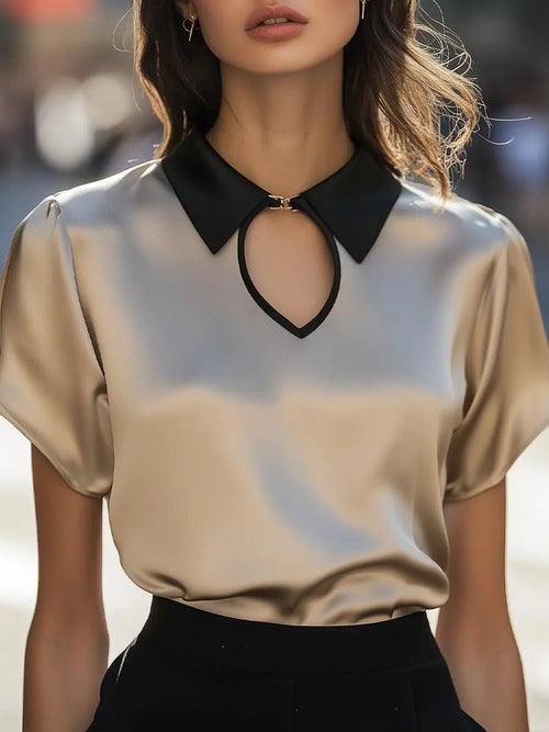 Contrast Collar Satin Keyhole Detail - Blouse CAAYWORLD