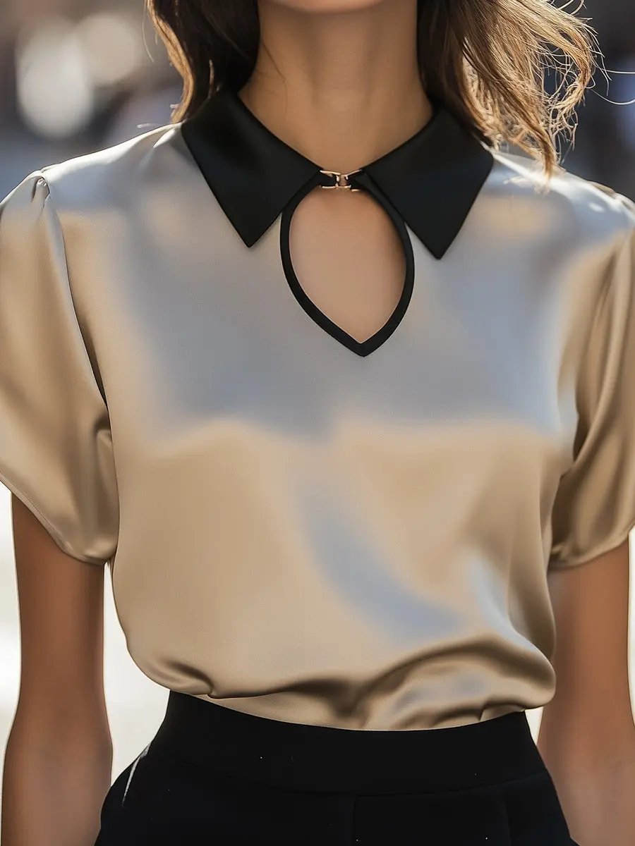 Contrast Collar Satin Keyhole Detail - Blouse CAAYWORLD