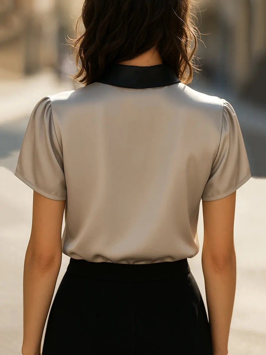 Contrast Collar Satin Keyhole Detail - Blouse CAAYWORLD
