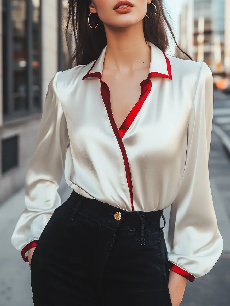 Contrast Collar Satin, Silk‑Look Finish - Blouse CAAYWORLD