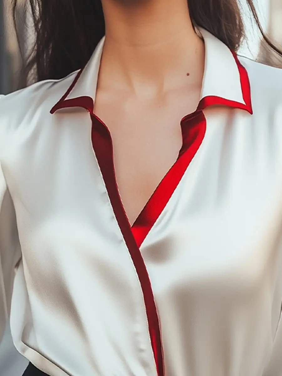 Contrast Collar Satin, Silk‑Look Finish - Blouse CAAYWORLD