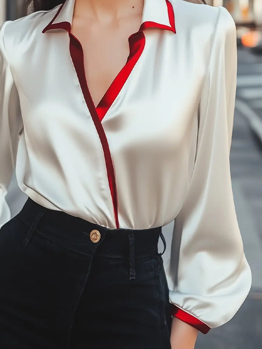 Contrast Collar Satin, Silk‑Look Finish - Blouse CAAYWORLD