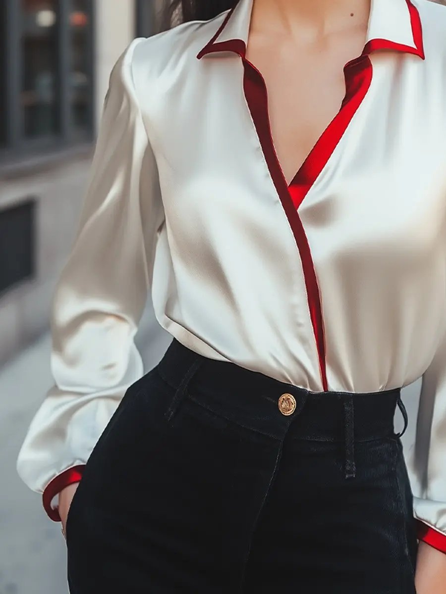Contrast Collar Satin, Silk‑Look Finish - Blouse CAAYWORLD