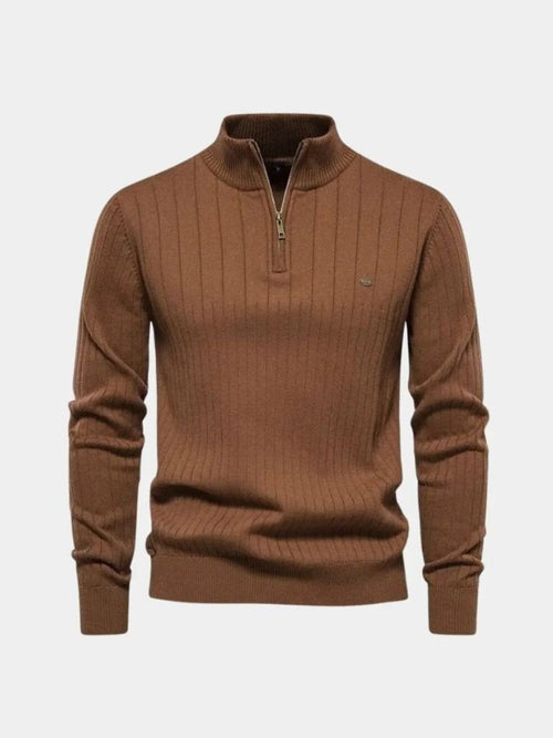 Cotton Knit Vertical Stripes Quarter-Zip Sweater - CAAYWORLD CAAYWORLD