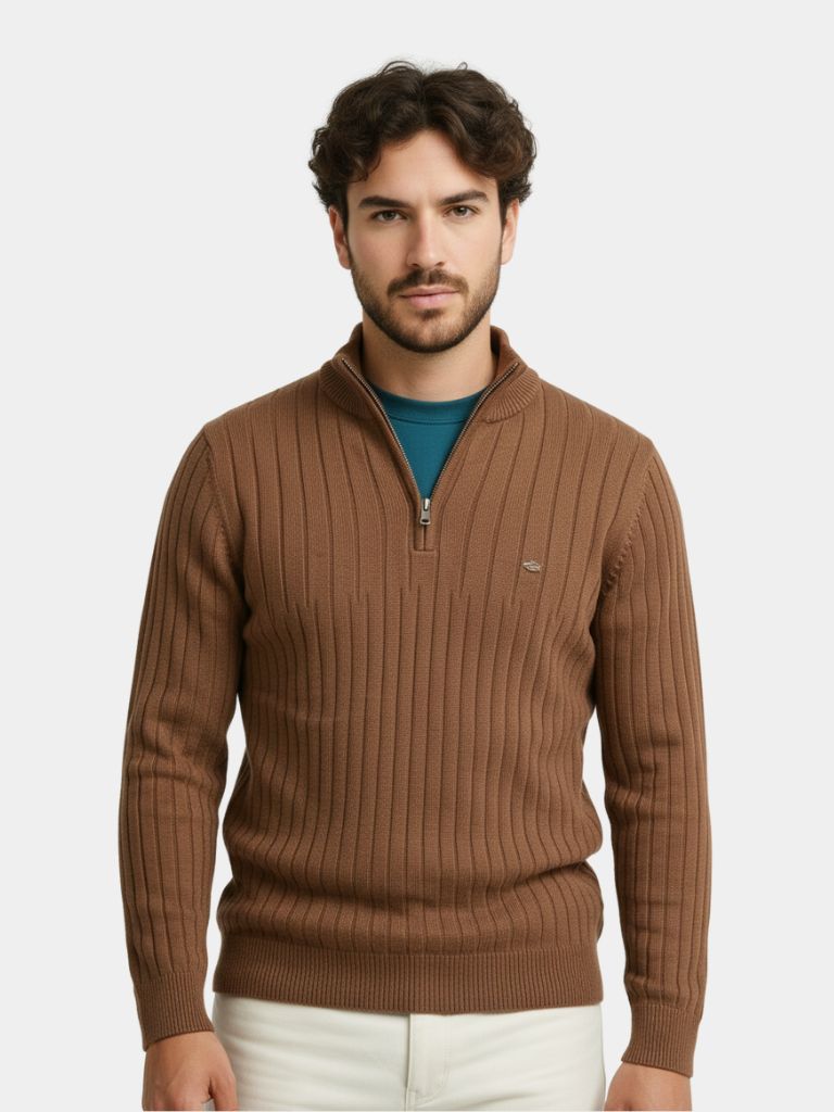 Cotton Knit Vertical Stripes Quarter-Zip Sweater - CAAYWORLD CAAYWORLD