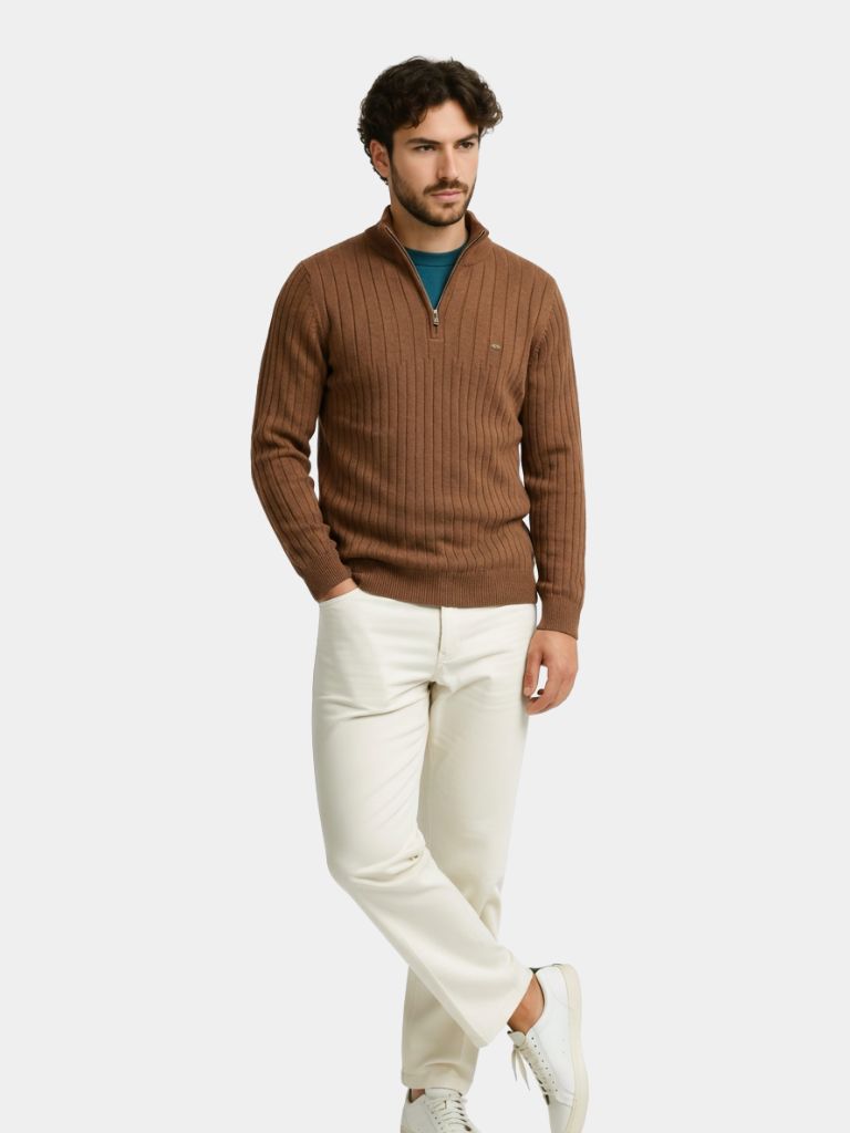 Cotton Knit Vertical Stripes Quarter-Zip Sweater - CAAYWORLD CAAYWORLD