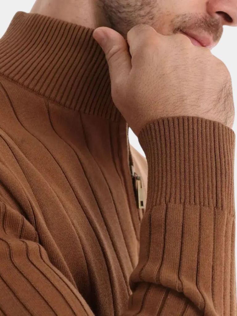 Cotton Knit Vertical Stripes Quarter-Zip Sweater - CAAYWORLD CAAYWORLD