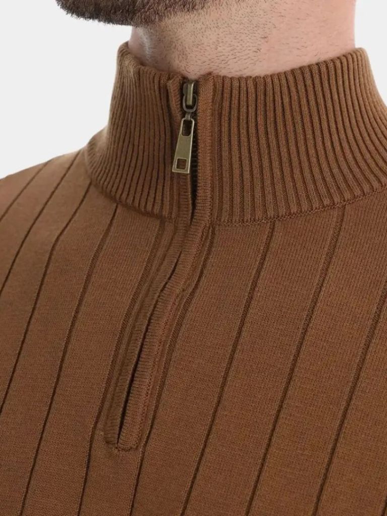 Cotton Knit Vertical Stripes Quarter-Zip Sweater - CAAYWORLD CAAYWORLD