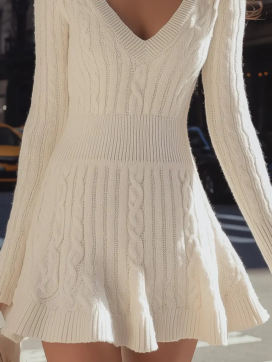 Cozy Cable Knit V-Neck Flared Hem - Sweater Dress CAAYWORLD