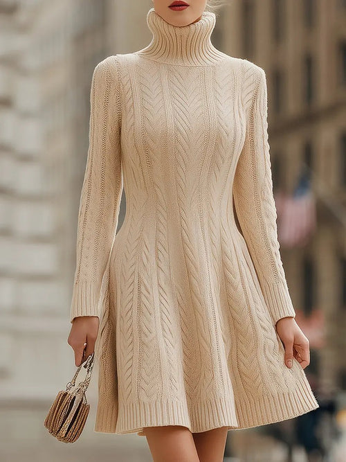Cozy Chunky Cable-Knit Turtleneck Long Sleeve - Sweater Dress CAAYWORLD