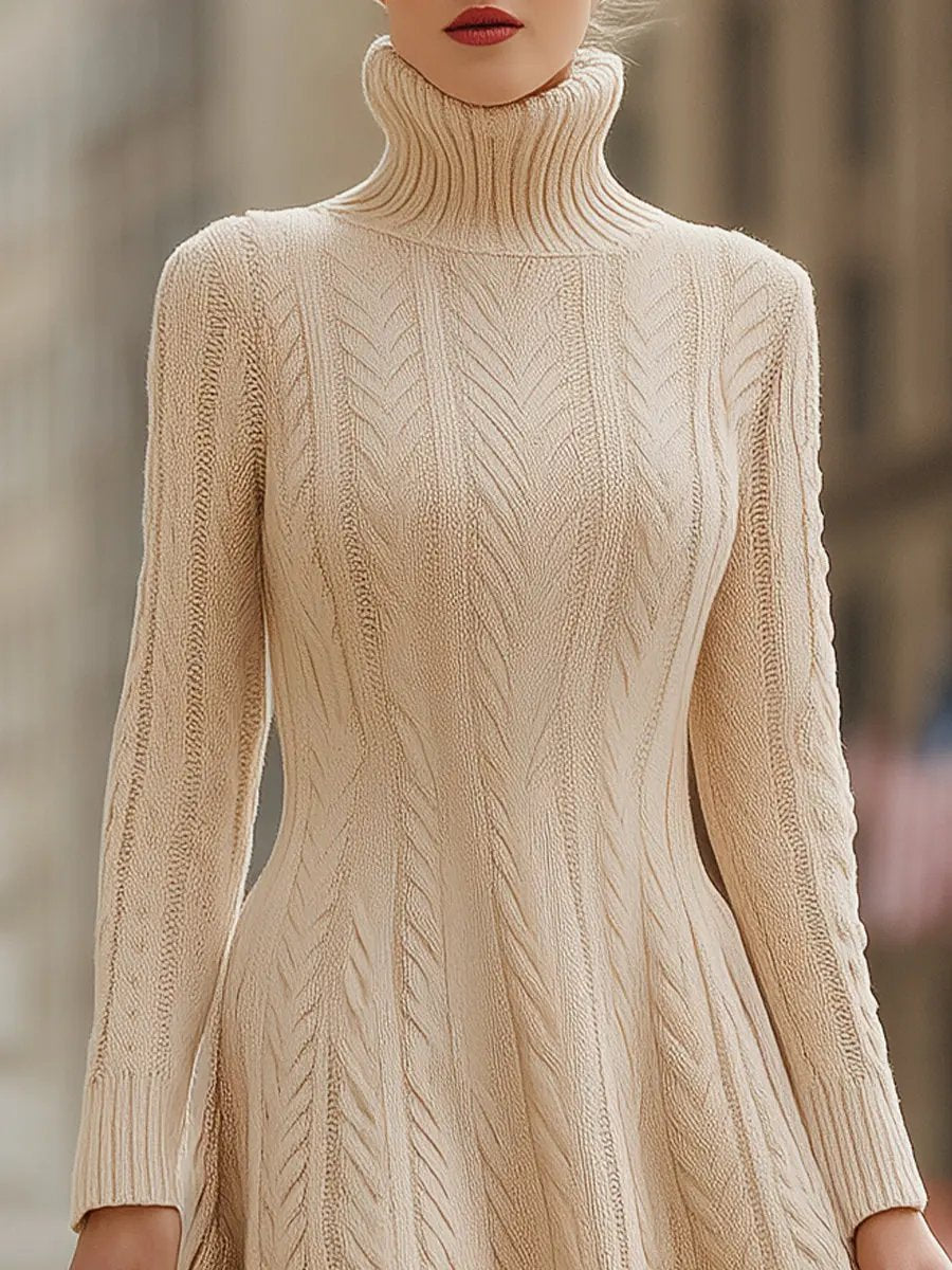 Cozy Chunky Cable-Knit Turtleneck Long Sleeve - Sweater Dress CAAYWORLD