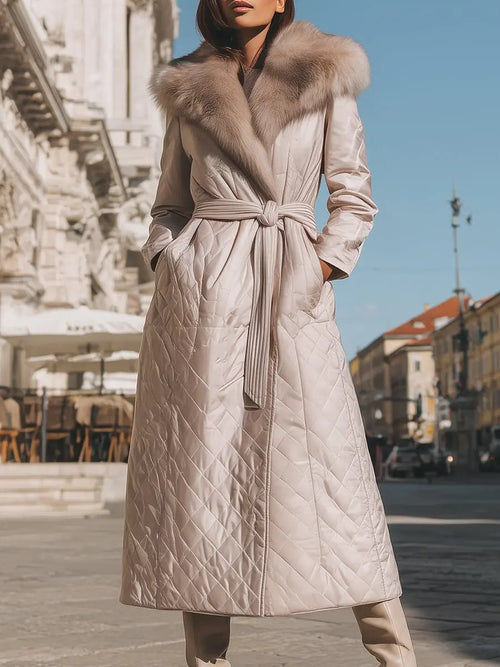 Cream Quilted Coat With Faux Fur Collar & Tie Belt - Women's Coat CAAYWORLD