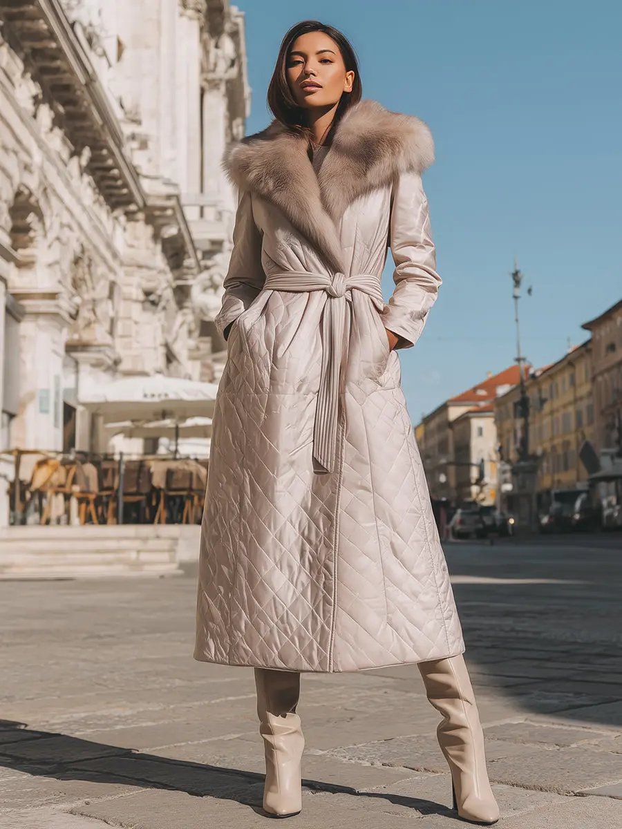 Cream Quilted Coat With Faux Fur Collar & Tie Belt - Women's Coat CAAYWORLD