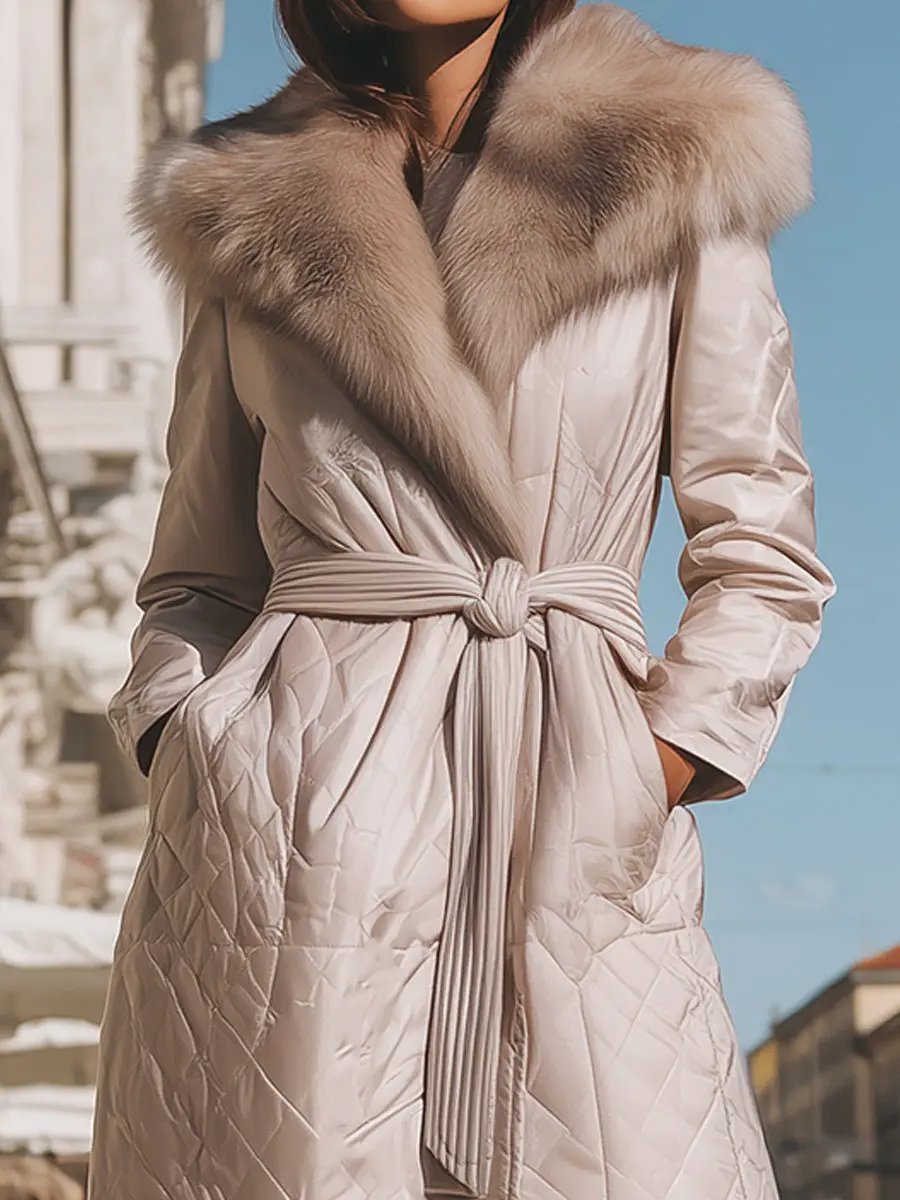 Cream Quilted Coat With Faux Fur Collar & Tie Belt - Women's Coat CAAYWORLD
