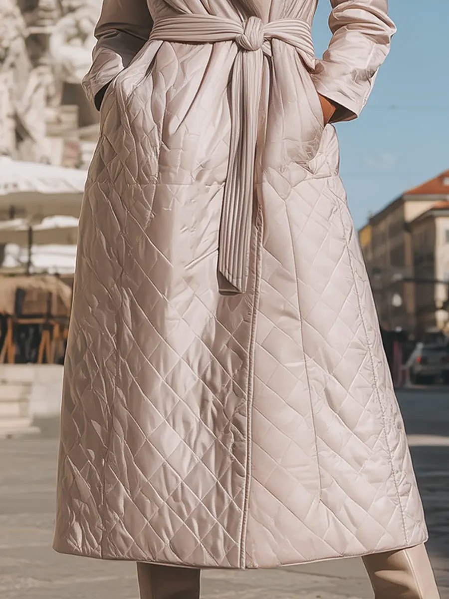 Cream Quilted Coat With Faux Fur Collar & Tie Belt - Women's Coat CAAYWORLD