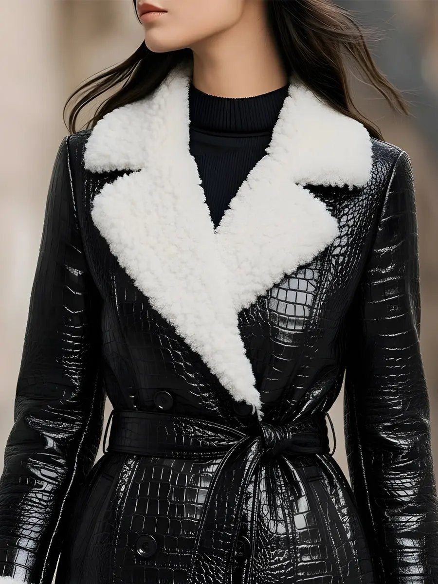 Croc-Embossed Faux Leather With Faux Shearling Trim - Coat CAAYWORLD
