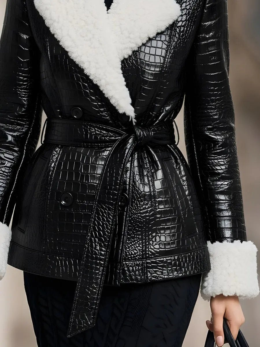 Croc-Embossed Faux Leather With Faux Shearling Trim - Coat CAAYWORLD