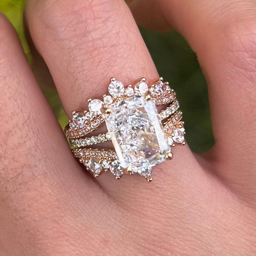 2 Pcs Radiant Cut Insert Wedding Ring Set With Crown-Shaped Band Shine of Diamond