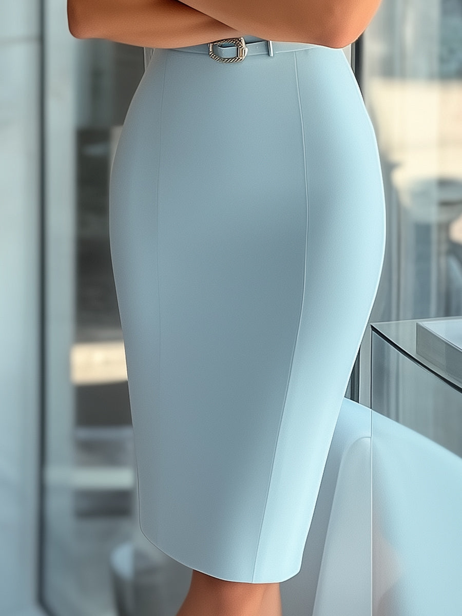 Sleek Sky Blue Asymmetrical Dress with Belt ZJ