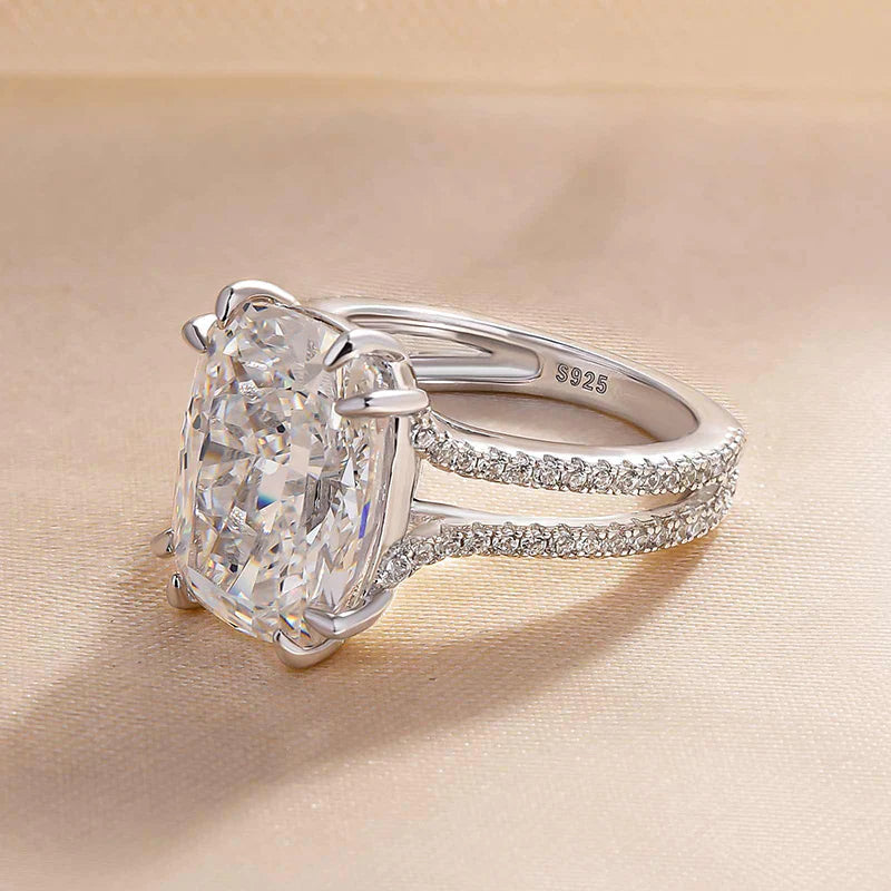 Sparkling Split Shank Cushion Cut Engagement Ring In Sterling Silver shine of diamond
