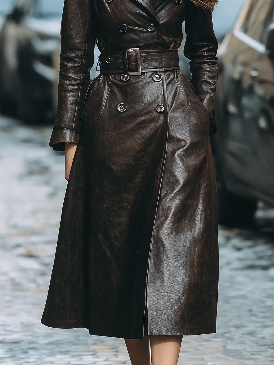 Dark Brown Belted Faux Leather Shearling Collar - Trench Coat CAAYWORLD
