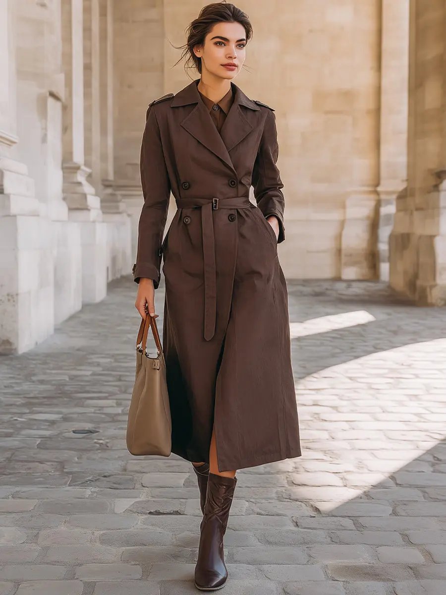 Dark Chocolate Double-Breasted Classic Trench - Trench Coat CAAYWORLD