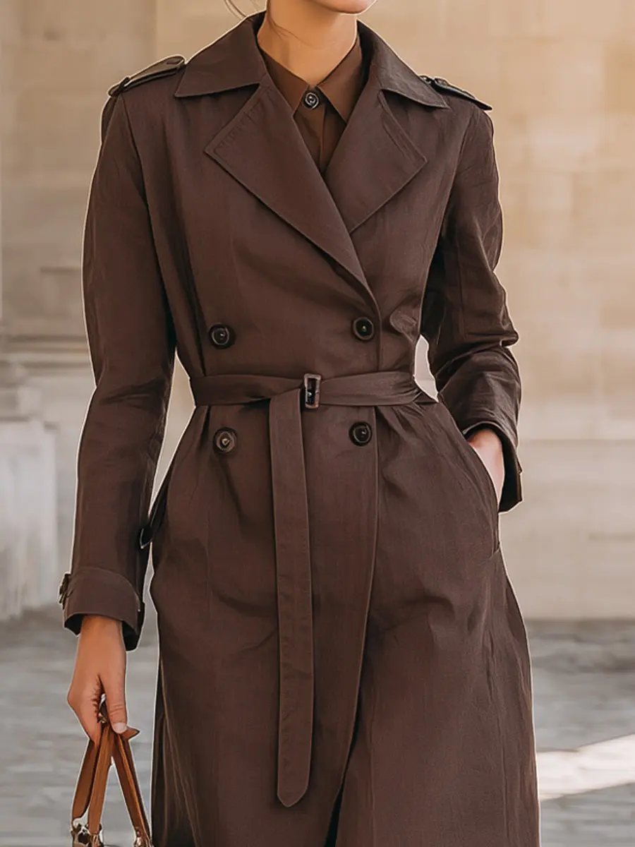 Dark Chocolate Double-Breasted Classic Trench - Trench Coat CAAYWORLD