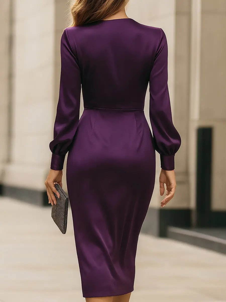 Deep Plum Satin Wrap with Tie Waist - Midi Dress CAAYWORLD