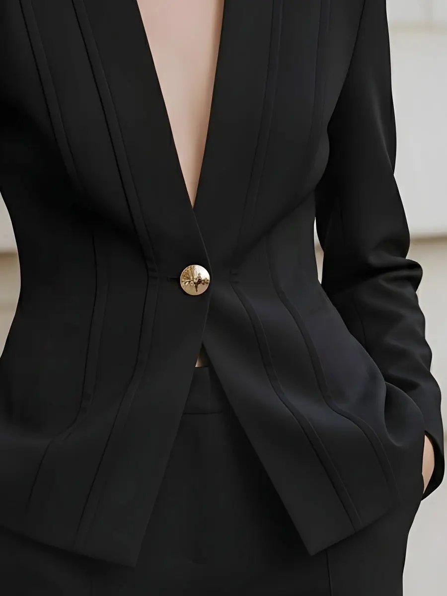 Deep Plunge V-Neck with Statement Gold Button - Blazer CAAYWORLD