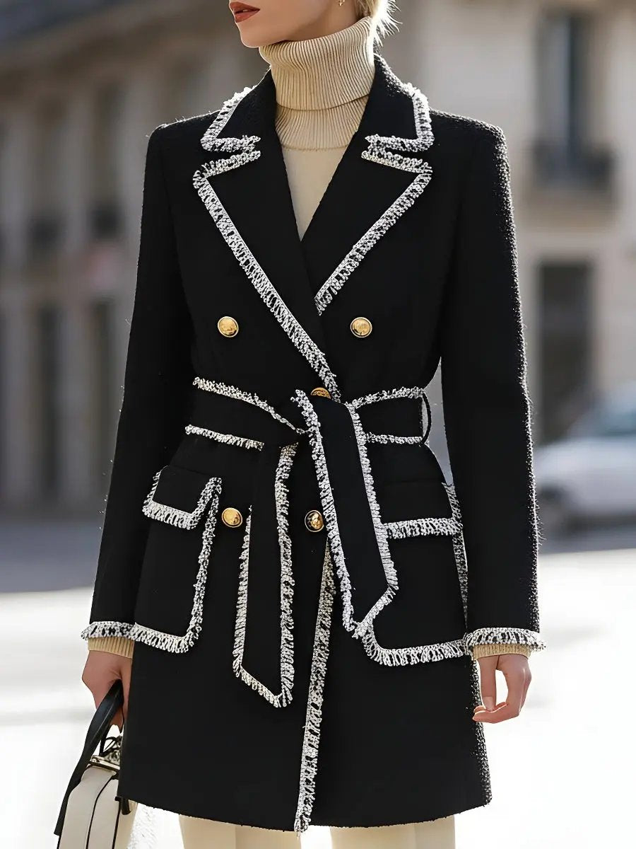 Double-Breasted Tweed with Contrast Fringe Trim - Coat CAAYWORLD