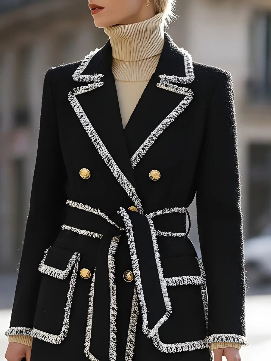 Double-Breasted Tweed with Contrast Fringe Trim - Coat CAAYWORLD