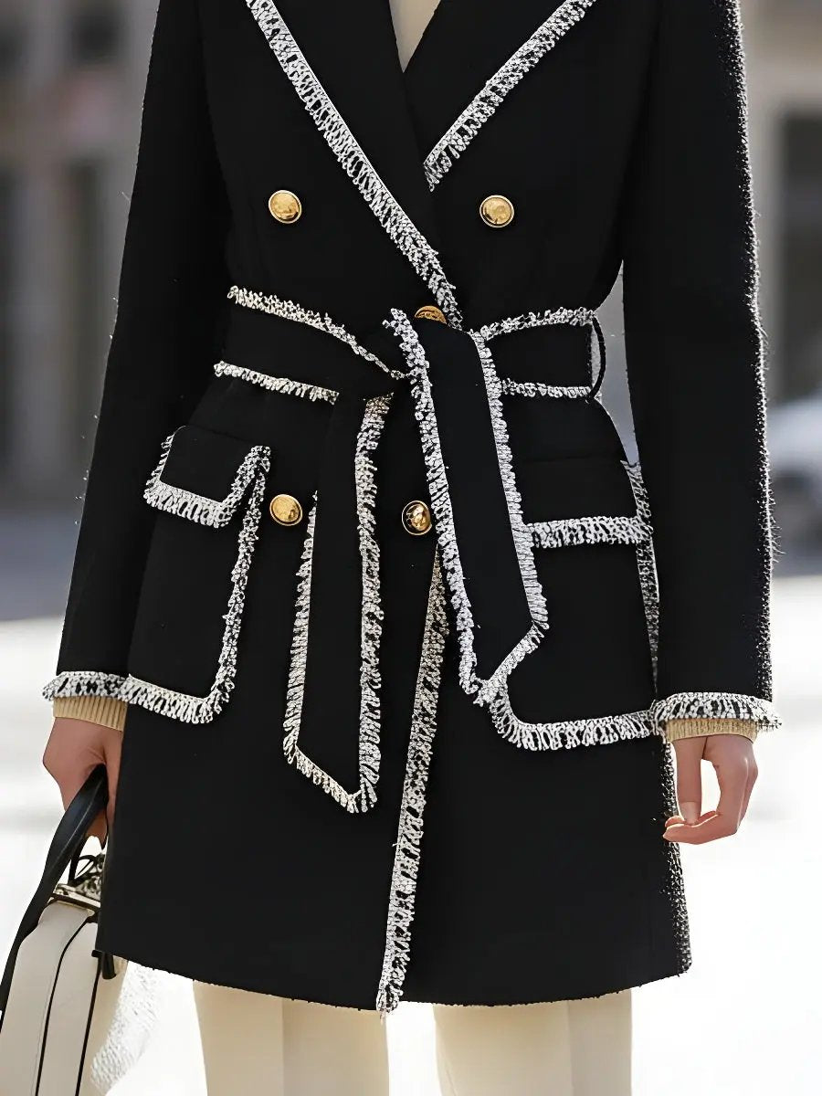Double-Breasted Tweed with Contrast Fringe Trim - Coat CAAYWORLD