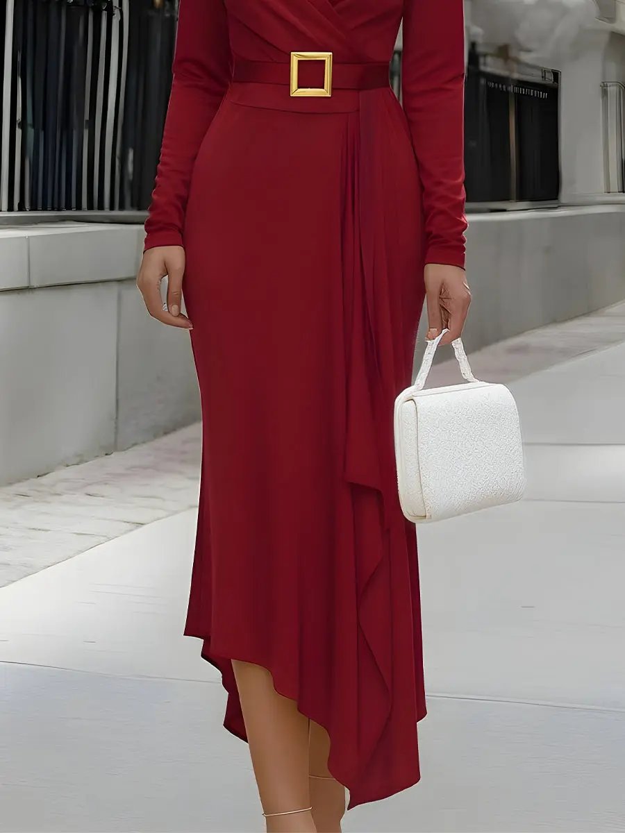 Draped Long Sleeve With Statement Belt - Midi Dress CAAYWORLD