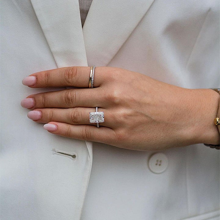 Radiant Cut Sterling Silver Engagement Ring With Half Eternity Band shineofdiamond