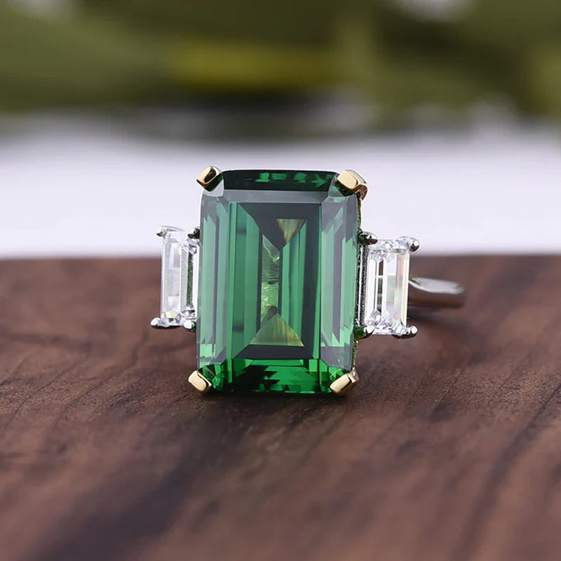 Vintage Emerald Green Three Stone Engagement Ring In Sterling Silver Shineofdiamond