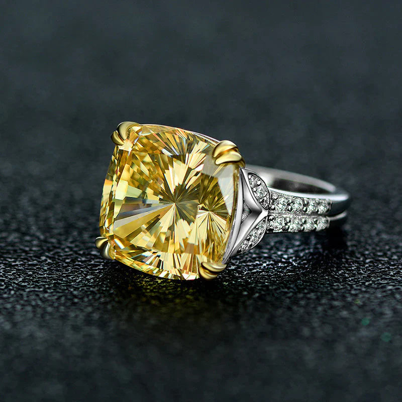 Retro Cushion Cut Yellow Engagement Ring In Sterling Silver shine of diamond