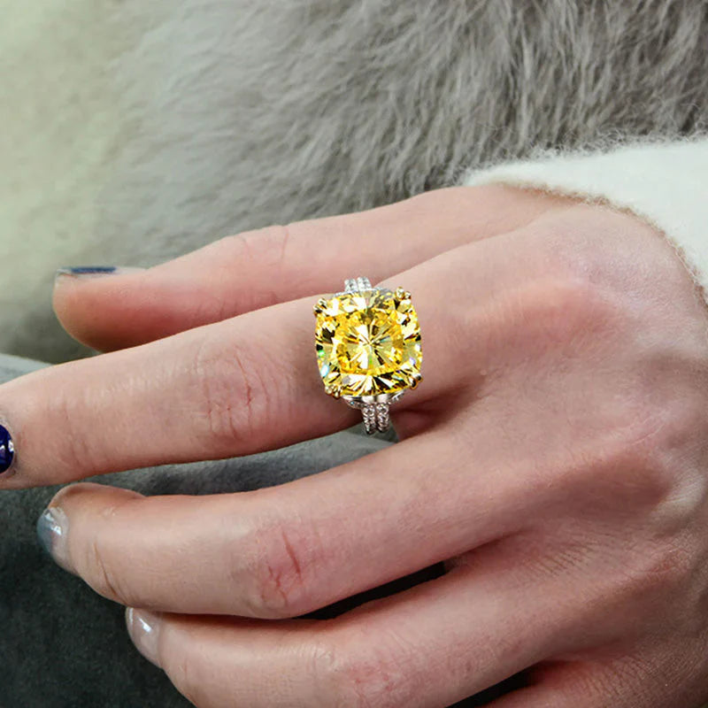 Retro Cushion Cut Yellow Engagement Ring In Sterling Silver shine of diamond