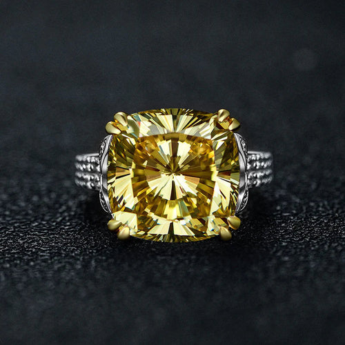 Retro Cushion Cut Yellow Engagement Ring In Sterling Silver shine of diamond