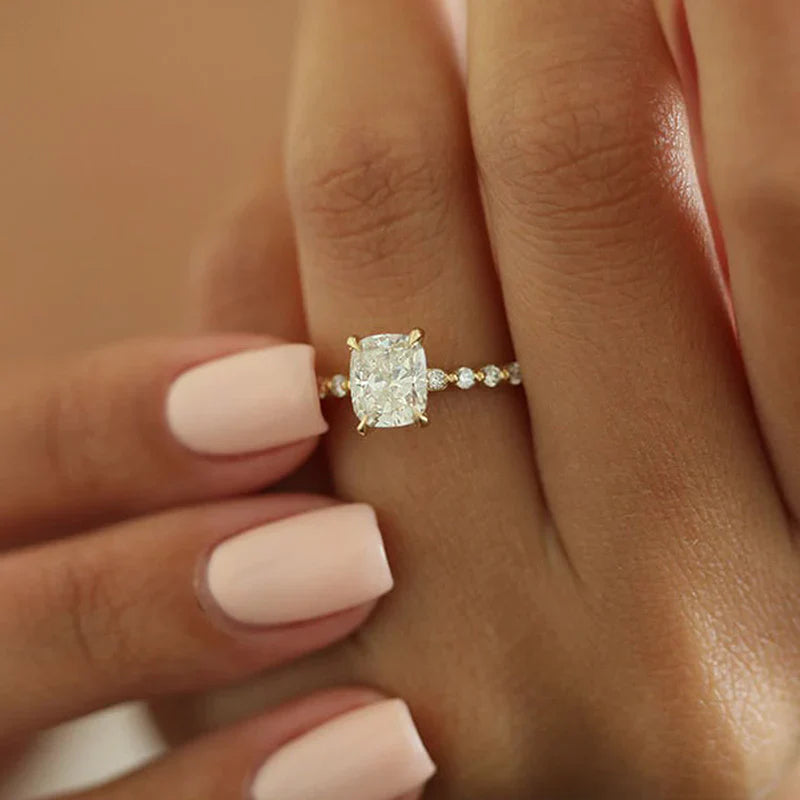 Classic Cushion Cut Sterling Silver Engagement Ring In Golden Tone shine of diamond