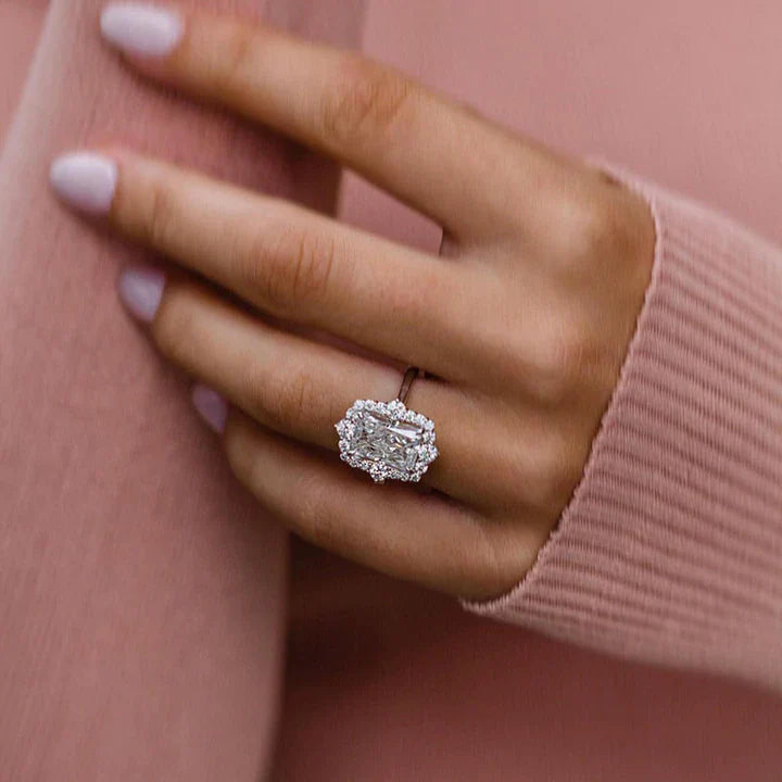 Exquisite Radiant Cut Halo Engagement Ring In Sterling Silver Shineofdiamond