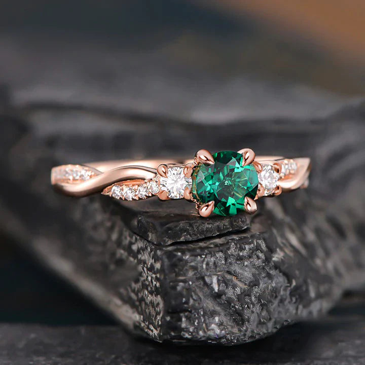 Emerald Green Twist Rose Golden Engagement Ring In Sterling Silver Shineofdiamond
