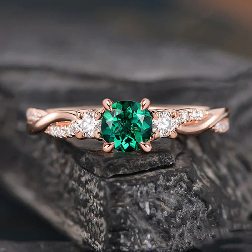 Emerald Green Twist Rose Golden Engagement Ring In Sterling Silver Shineofdiamond