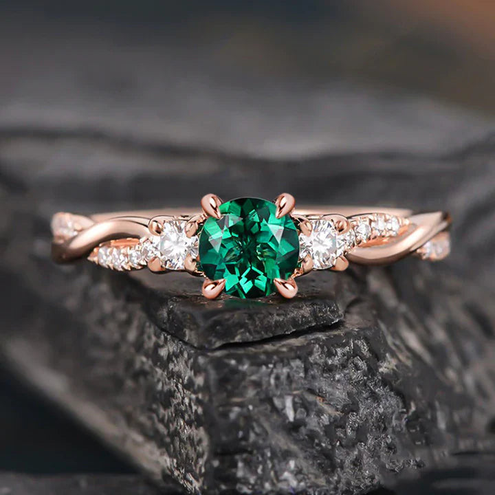 Emerald Green Twist Rose Golden Engagement Ring In Sterling Silver Shineofdiamond