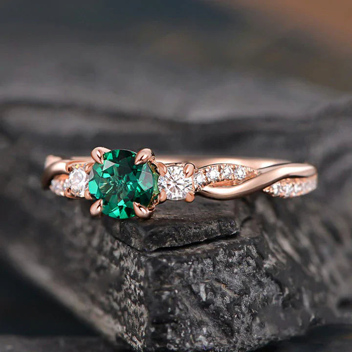 Emerald Green Twist Rose Golden Engagement Ring In Sterling Silver Shineofdiamond